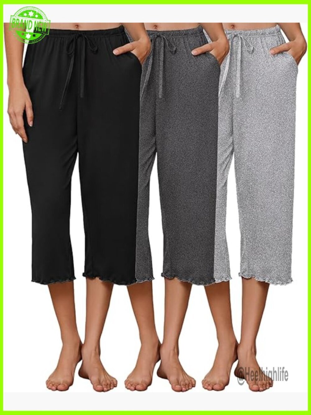 Large Ultra-Soft Lounge Pants 3 Pack with Pockets Drawstring Capri
